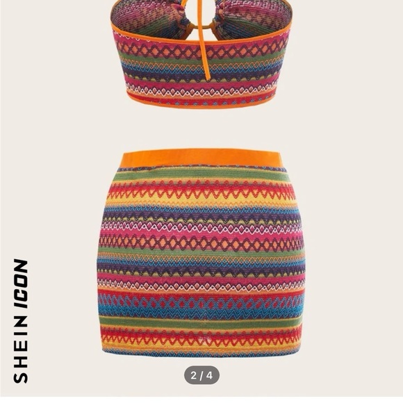 SHEIN ICON Geo Print Contrast Binding Tie Backless Crop Halter Top & Skirt. - Picture 2 of 2